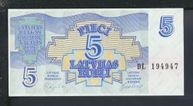 Geldscheine Banknoten Lettland 5 Rubli 1992 I UNC