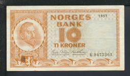Geldscheine Banknoten Norwegen 10 Kronen Christian Michelsen 1957 III