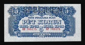 Geldscheine Banknoten Tschecheslowakei 5 Korun 1944 Blau SPECIMEN I UNC