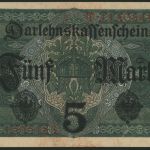Geldschein Banknote 5 Mark 1917 I. WK Darlehnskassenschein 54 b mit KN 8stellig