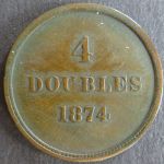 Münze Großbritannien - Guernsey 1874 - 4 Doubles Inselwappen Bronze ss