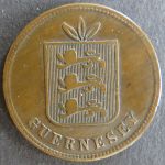 Münze Großbritannien - Guernsey 1874 - 4 Doubles Inselwappen Bronze ss