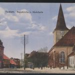 Foto Ansichtskarte Tuckum Tukums Lettland Hauptkirche Markthalle Feldpost nach