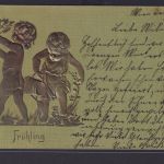 Ansichtskarte Jugendstil Art Nouveau Prägekarte Goldauflage Frühling mit Kindern