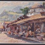 Ansichtskarte Künstlerkarte Sarajevo Markt Strasse Berge Bosnien Herzegowina