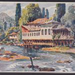 Ansichtskarte Künstlerkarte Sarajevo Fluss Haus Gastronomie Berge Bosnien