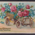Ansichtskarte Künstlerkarte Geburtstag Auto Oldtimer Blumenschmuck Goldauflage