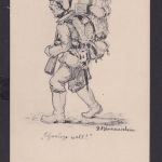 Ansichtskarte Künstlerkarte Bleistiftzeichnung Sign. Soldat m. Marschgepäck