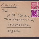 Bund Brief MIF Posthorn + Heusse Paare ab Bünde nach Pontresina Schweiz