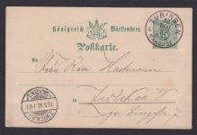 Altdeutschalnd Württemberg K1 Tübingen Bahnhof Ganzsache Bahnpost Zwickau