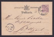 Altdeutschland Württemberg K2 Ludwigsburg Bahnhof Königreich Ganzsache Stuttgart