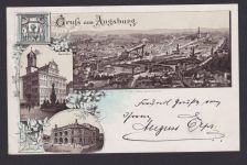 Vorläufer Ansichtskarte Augsburg Bayern Rathaus Theater nach Frankfurt 20.5.1891