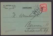 Ägypten Postkarte EF nach Barmen 28.10.1921