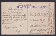 Ansichtskarte Feldpost viol. L1 Bayer. Fußart. Mun. Kol 213 nach Huisheim Bayern