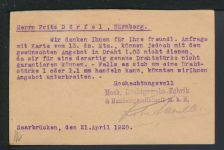 Altdeutschland Antwort Ganzsache Bayern Saarbrücken Nürnberg 1920