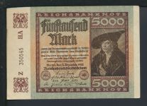 Geldschein Infla Reichsbanknote 5000 Mark 2.12.1922 Wasserzeichen Dornen I - (II)