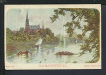 Litho Ansichtskarte Chemnitz Schlossteich Reklame Hoffmann Stärke Katze Rückseite