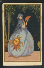 Selten schöne Art Deco Künstler Ansichtskarte Estland Rakvere Dame mit Fächer