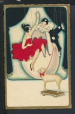 Schöne Art Deco Künstler Ansichtskarte Dame und Harlekin als Marionette