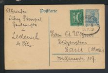 Bahnpost Infla Ganzsache Deutsches Reich NRW Euskirchen Liblar Zug 5 Basel Schweiz