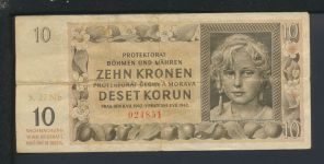 Geldschein Banknote Besetzung Böhmen u. Mähren II. Weltkrieg 10 Kronen 8.7.1942 III