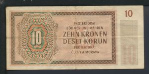 Geldschein Banknote Besetzung Böhmen u. Mähren II. Weltkrieg 10 Kronen 8.7.1942 III