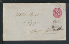 Altdeutschland Ganzsache 3 Kr. Besonderheit rs. starken Abklasch K2 Saulgau via
