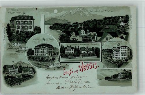 6353 Weggis 1900 Lithographie Hotel Pension Rigi Bellevue Rössli Schloss Hartenstein