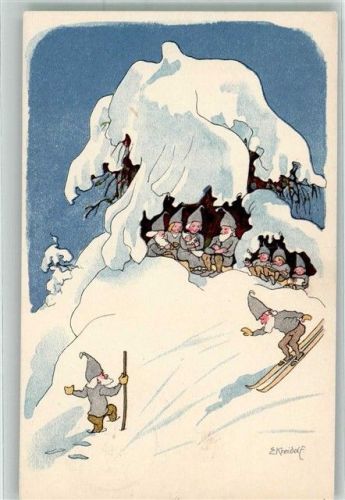 sign. Kreidolf E. Winter Zwerge skifahren Pro Juventute Schweiz 1919 Gebrauchsspuren