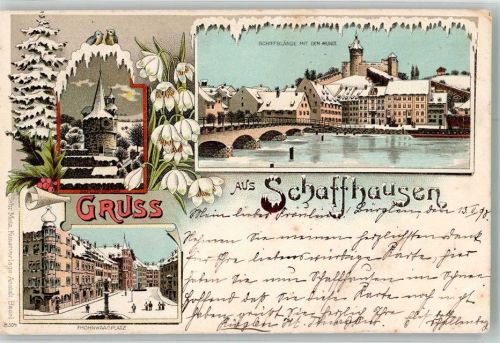 8200 Schaffhausen Sciaffusa 1898 Gebrauchsspuren Winterlothograhie Schifflände mit dem Munot Frohnwaagplatz