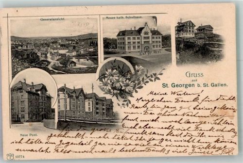 9000 St. Georgen 1906 Foto AK Postamt Kath. Schulhaus