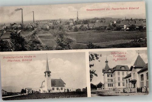 4562 Biberist Bleichenberg Foto AK Papier- Fabrik protest. Kirche Schulhaus Turnhalle