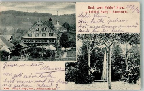3507 Biglen 1906 Foto AK Bahnpost Nr. 55 Nr. 16 Gasthaus Kreuz
