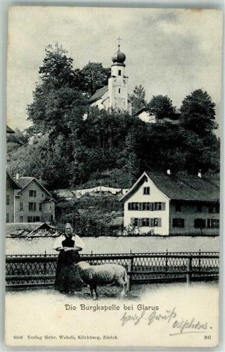 8750 Glarus 1905 Foto AK Tracht Schaf Kirche Burgkapelle
