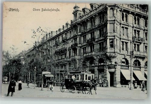 8000 Zürich 1907 Foto AK Obere Bahnhofstrasse Straßenbahn Kutsche Geschäft