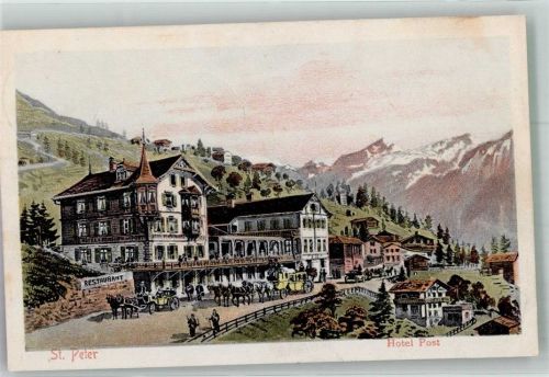 St. Peter Postkutsche Hotel Post Postkutsche Schweiz 1908 Lithographie