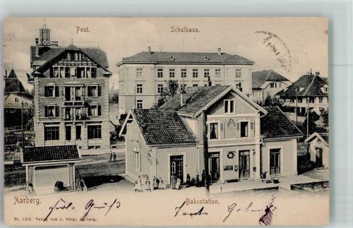 3270 Aarberg 1905 Foto AK Postamt Bahnhof Schulhaus