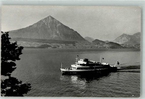 Thun Passagierdampfer vor Faulensee und Niesen Fotograf Beer Binnenschiff Foto AK