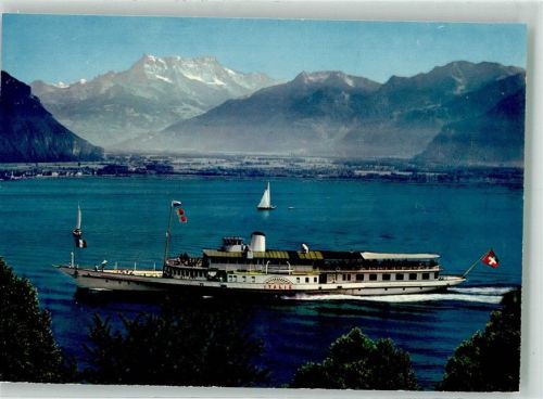 Raddampfer Italie auf dem Genfersee vor den Dents du Midi Binnenschiff Foto AK