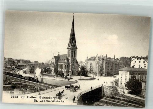 9000 St. Gallen S. Gallo Foto AK Kirche St. Leonhard Eisenbahn Bahnübergang