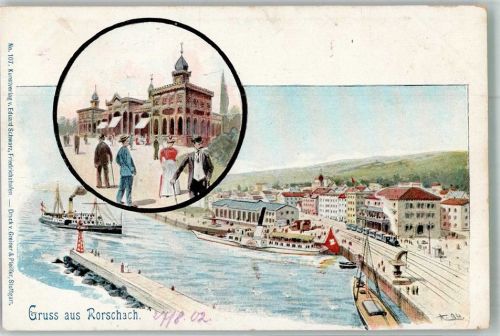 9400 Rorschach Lithographie Hafen Eisenbahn