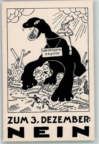 8000 Zürich Lithographie / Künstlerkarte Vermögensabgabe Nein Karrikatur