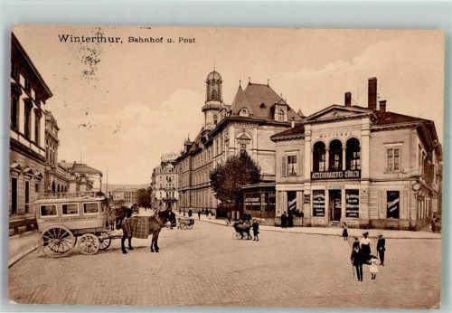 8400 Winterthur 1912 Foto AK Brauerei Zürich Bahnhof Postamt Kutsche