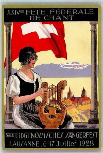 1000 Lausanne Losanna Lithographie XXIV.Eidg. Sängerfest 1928 Tracht Frau Sonderstempel