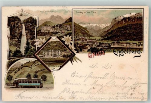 6390 Engelberg 1899 Lithographie Bergbahn Hotel National Hotel Titlis