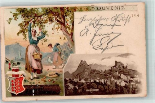 1950 Sion Sitten Lithographie Tracht Frau Ernte Burg Wappen Valais