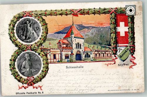 9000 St. Gallen S. Gallo 1904 Lithographie Schützenfest Schiesshalle Sonderstempel