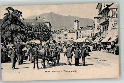 6600 Locarno 1910 Gebrauchsspuren Marktszene Pferdewagen Piazza grande