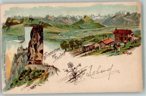 1200 Genève Genf Gebrauchsspuren Saleve Bergbahn Schloss Lithographie