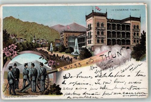Thun Kasrne Uniform Kanone Lithographie Militär Schweiz 1901 Gebrauchsspuren